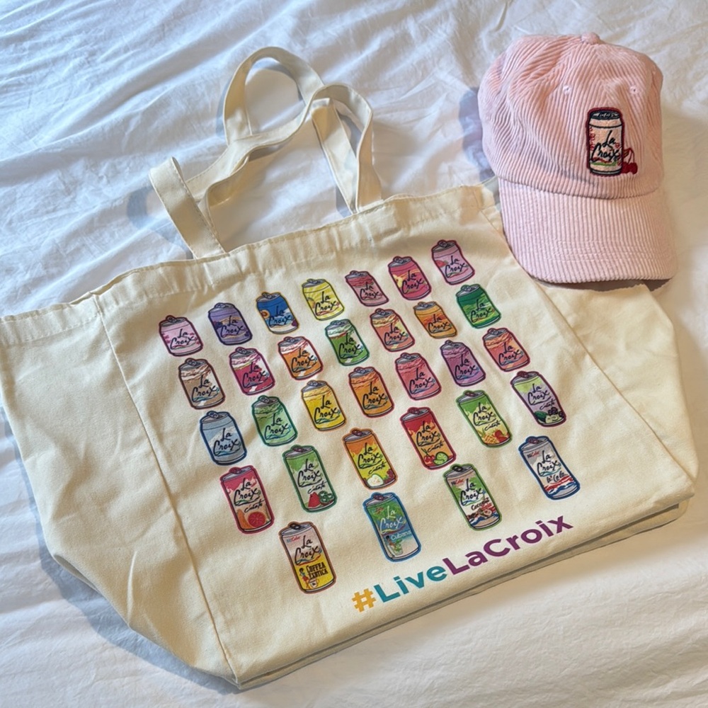 La Croix Limited Edition Tote Bag with corduroy pink cap